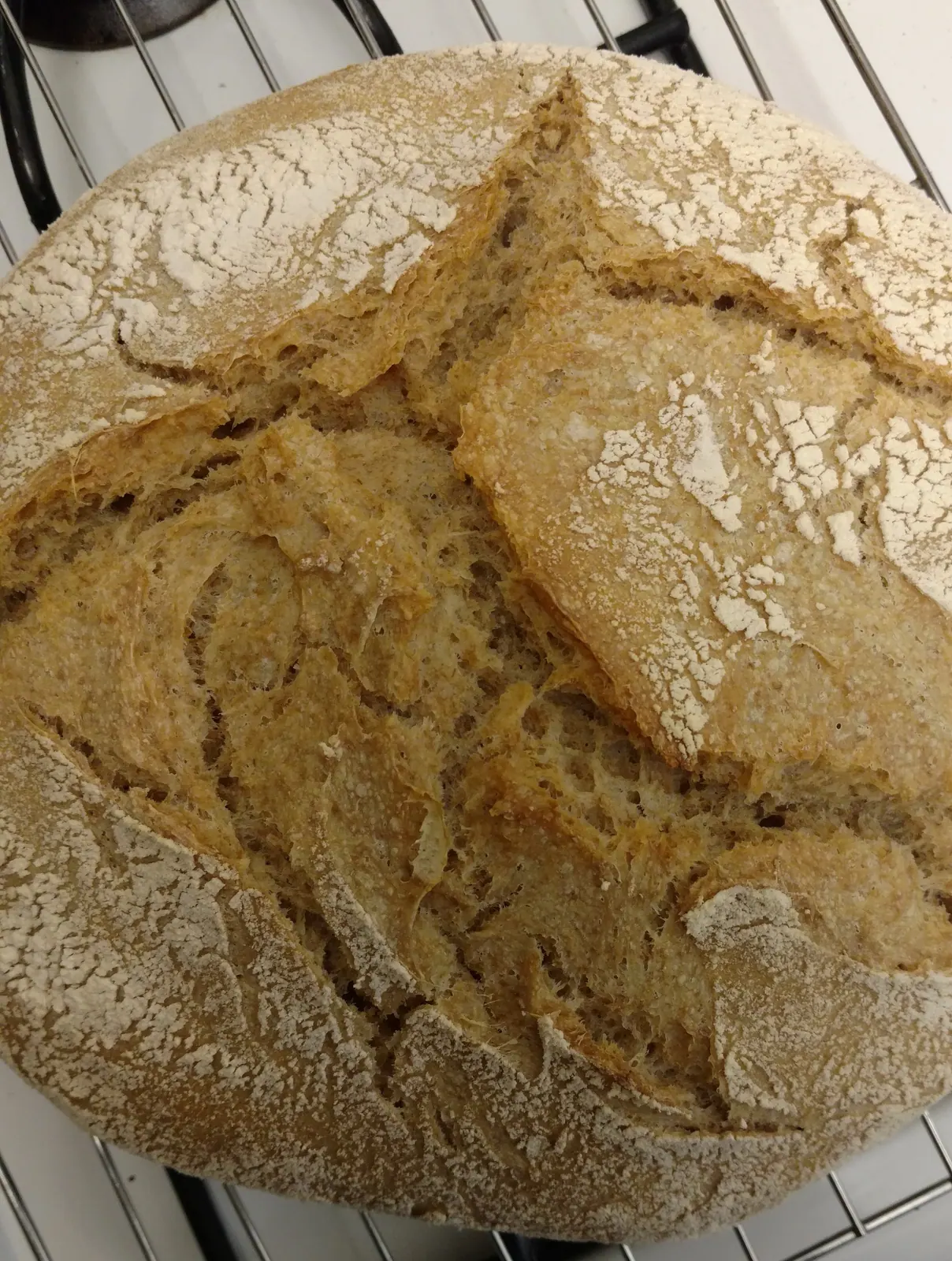 A loaf of wheat sourdough cooling on a rack