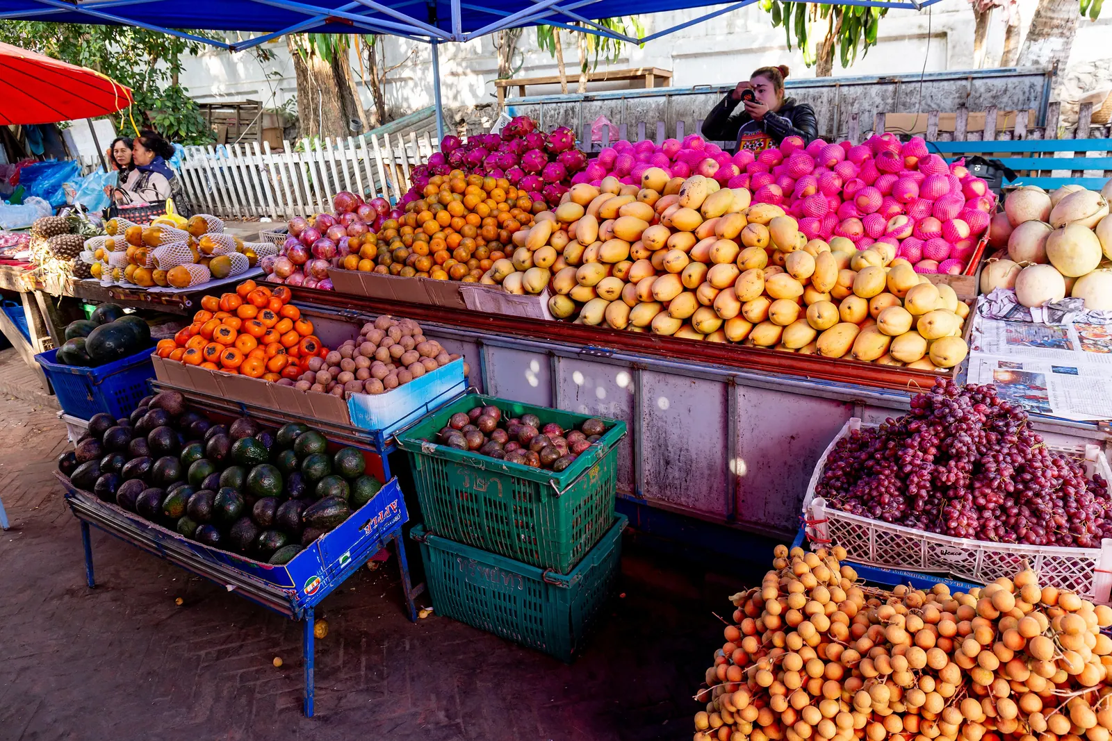 Crates of fresh vegetables at a market stall