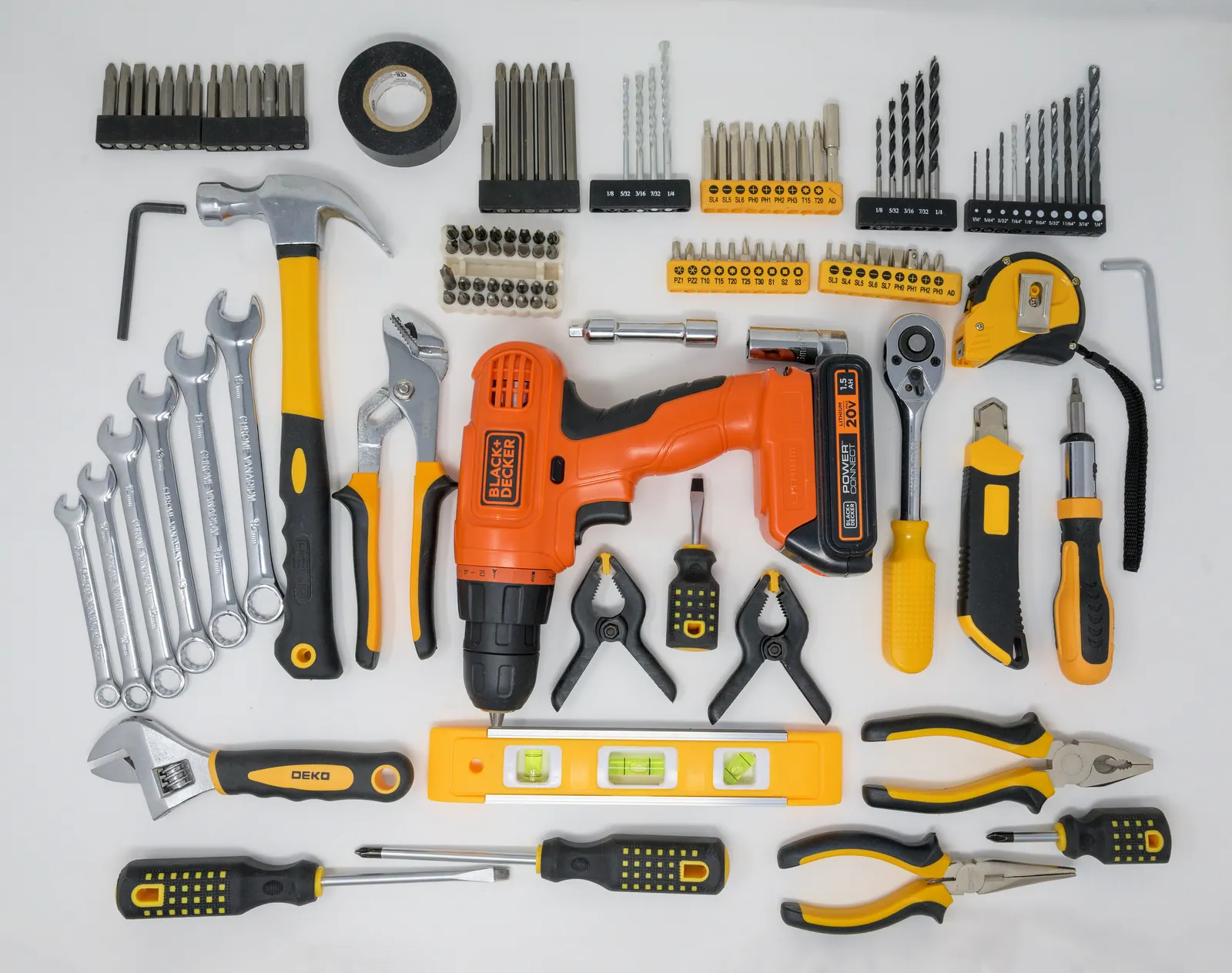 Hand tools laid out on a workbench