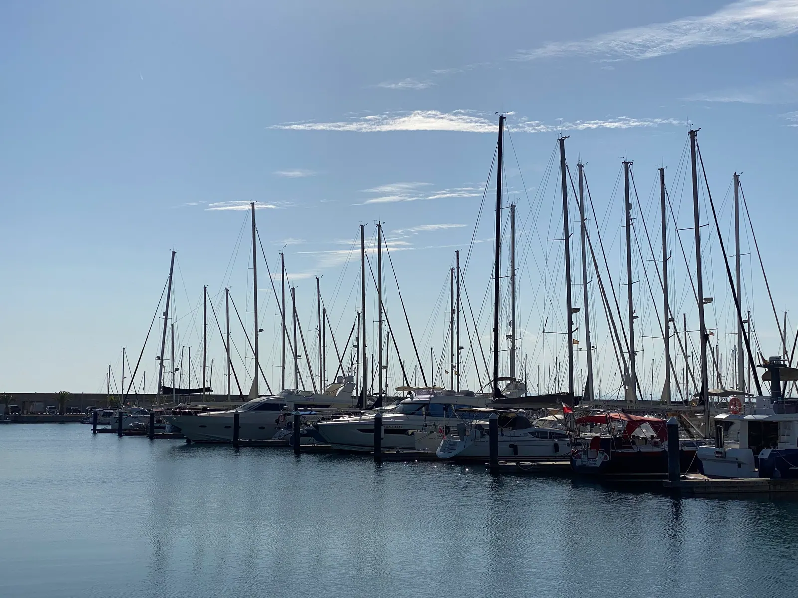 Boats moored in a row in a harbour
