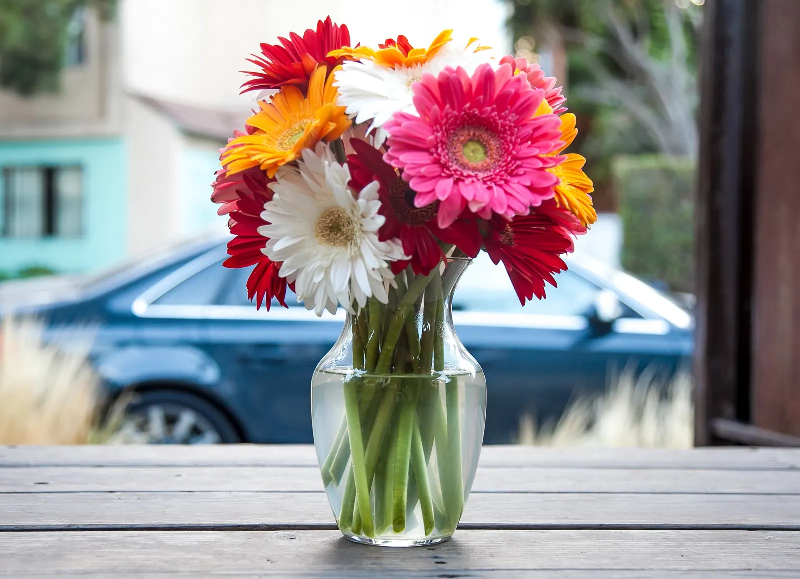 A loose bouquet of mixed garden flowers